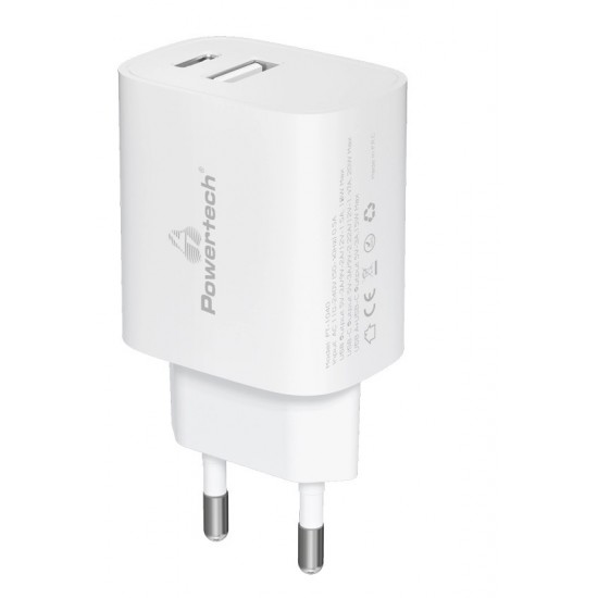 POWERTECH φορτιστής τοίχου PT-1040, USB & USB-C, PD QC3.0, 20W, λευκός