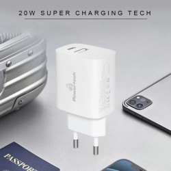 POWERTECH φορτιστής τοίχου PT-1040, USB & USB-C, PD QC3.0, 20W, λευκός