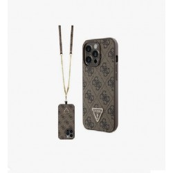 Guess Apple iPhone 13 Pro Max Σκληρή θήκη με κορδόνι Crossbody 4G Metal Logo καφέ