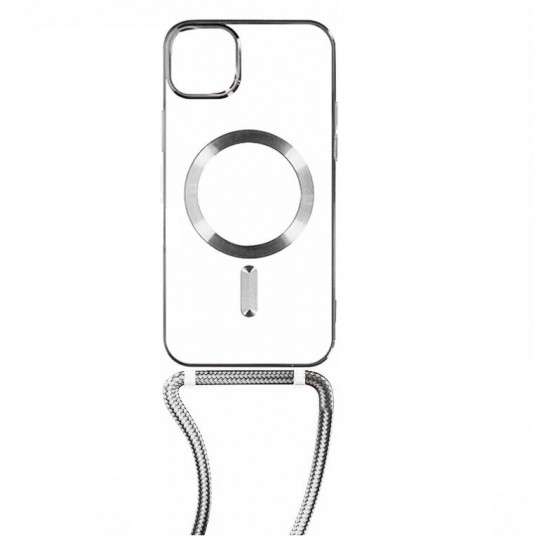 IPHONE 15 PRO BACKCASE MAGSAFE METAL SILVER TRANSPARENT STRAP CORD
