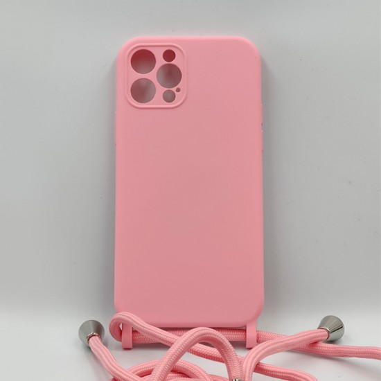 ΘΗΚΗ IPHONE 12 PRO BACKCASE HARD SILICONE STRAP CORD PINK