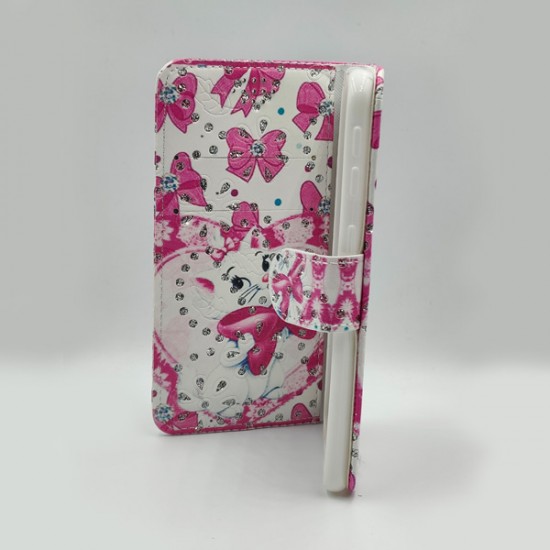 ΘΗΚΗ GALAXY A40 BOOKCASE WHITE CAT PINK BOWTIES STRASS