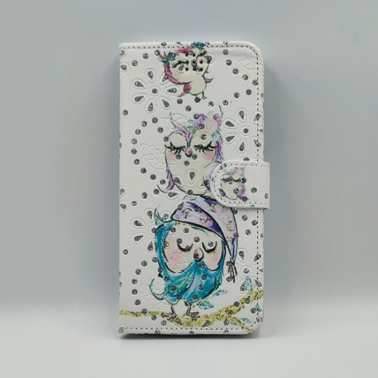 ΘΗΚΗ GALAXY A50 BOOKCASE OWLS STRASS WHITE