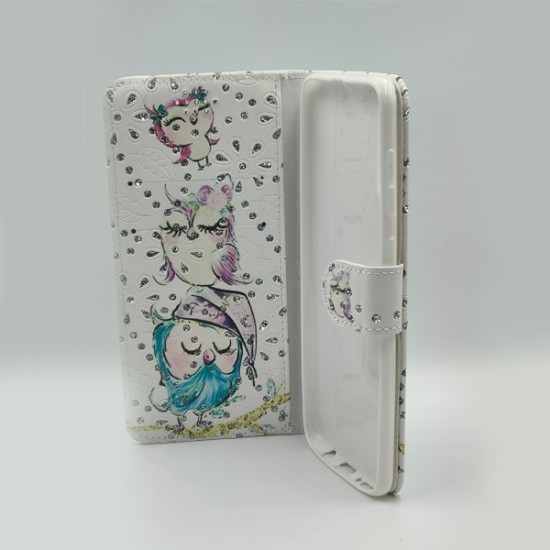ΘΗΚΗ GALAXY A50 BOOKCASE OWLS STRASS WHITE
