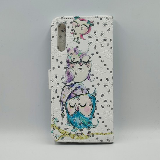 ΘΗΚΗ GALAXY A50 BOOKCASE OWLS STRASS WHITE